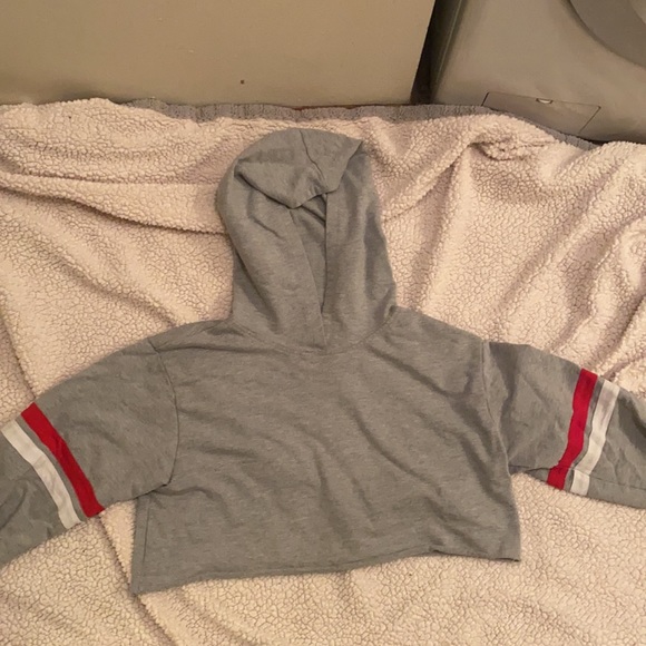 Grey long sleeve hooded crop top with white and red stripes on sleeves. - Picture 2 of 3